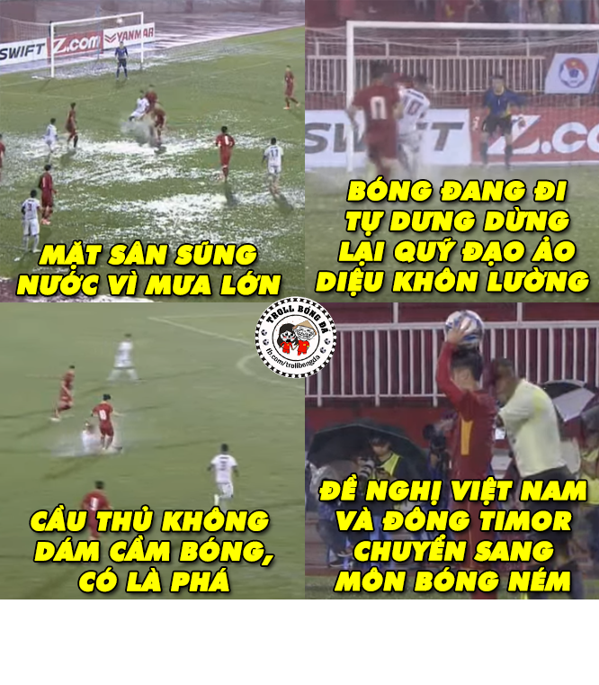 Chứng kiến mặt sân Thống Nhất chẳng khác gì một bể nước, dân mạng khuyên các cầu thủ Việt Nam nên chuyển sang chơi bóng né.