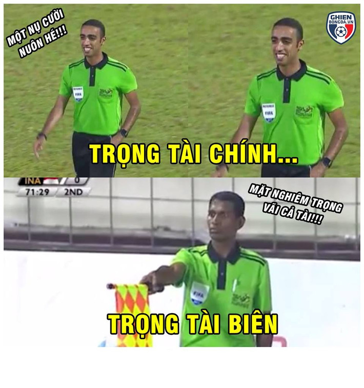 Hai trạng thái hoàn toàn khác của tổ trọng tài bắt trận đấu giữa U22 Việt Nam và U22 Indonesia.Ảnh: Ghiền Bóng Đá