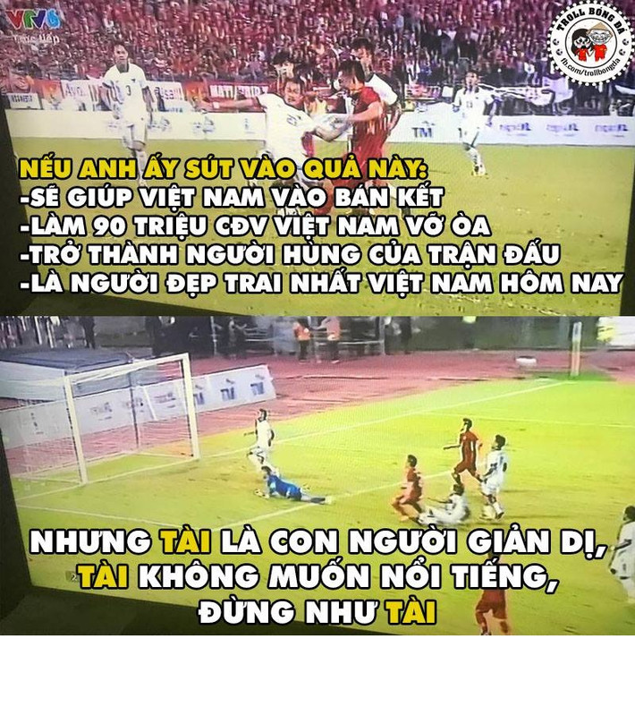 Nếu như tình huống này Tuấn Tài ghi bàn, anh sẽ được tung hô như người hùng nhưng đáng tiếc cầu thủ xứ Nghệ này lại thích đá vào người thủ môn hơn là chọn góc cao để thực hiện pha dứt điểm dù khung thành trước mặt rộng mênh mông. Ảnh: Troll Bóng Đá