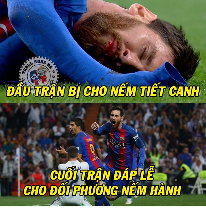 Ảnh chế bóng đá cuối tuần vừa qua đặc biệt quan tâm tới những diễn biến của trận đấu El Classico (siêu kinh điển) giữa hai đại kình địch tại La Liga là Barca và Real Madrid. Mặc dù phải đổ máu miệng bởi những pha chơi xấu của các cầu thủ Real Madrid nhưng Messi vẫn tung hoành và khiến đội chủ sân Bernabeu phải ôm hận. Ảnh: Troll bóng đá