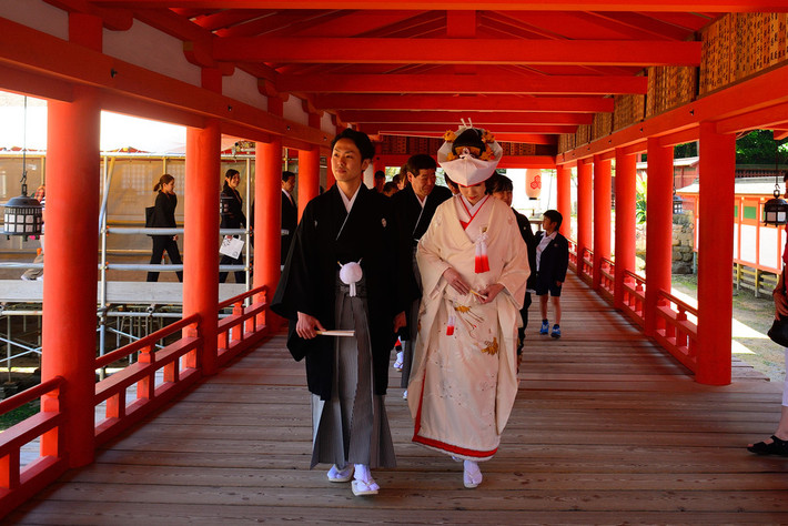 Cô dâu thường mặc kimono màu trắng, tượng trưng cho sự thiêng liêng và trong trắng. Còn chú rể sẽ mặc loại haori và hakama truyền thống của nam giới. Hoàng gia và quý tộc có trang phục riêng là Sokutai và Junihitoe (kimono 12 lớp).