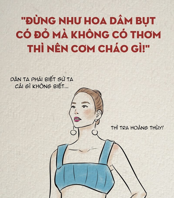 Trong tập 4 của chương trình The Face - Gương mặt thương hiệu, Trong tập 4 của chương trình The Face - Gương mặt thương hiệu để ám chỉ người đàn chị Minh Tú của mình.