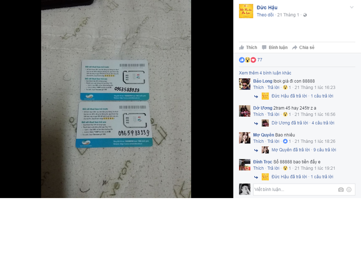 Trên trang cá nhân của mình, Lệ Rơi đã tuyên bố rằng, số sim điện thoại có 5 số cuối là 8 đã thuộc về một thành viên trên mạng. Chuyện anh chàng thảm họa mạng xã hội quê Hải Dương bán được chiếc sim điện thoại với giá gần 300 triệu khiến nhiều cư dân mạng bất ngờ.