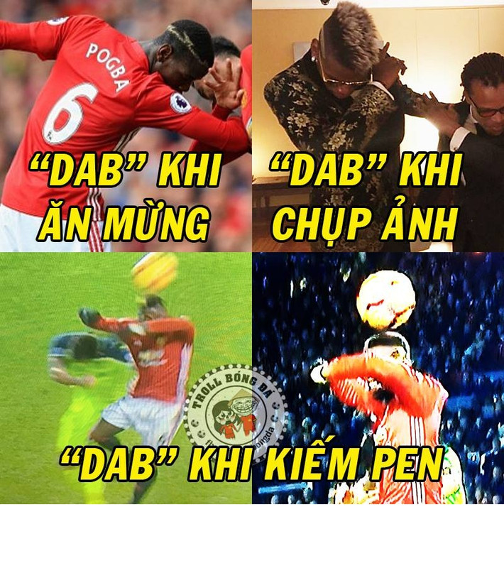 Phong cách ăn mừng kiểu "DAB" không chỉ được Pogba khi ghi bàn thắng, khi chụp ảnh và còn khi anh phòng ngự và biếu không cho Liverpool 1 quả 11m.