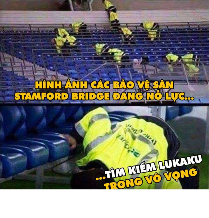 Sự mất tích kì bí của Lukaku đã khiến toàn bộ lực lượng an ninh trên sân Stamford Bridge phải đua nhau đi tìm. Bức ảnh chế bóng đá này làm trái tim của nhiều CĐV M.U đau đớn.