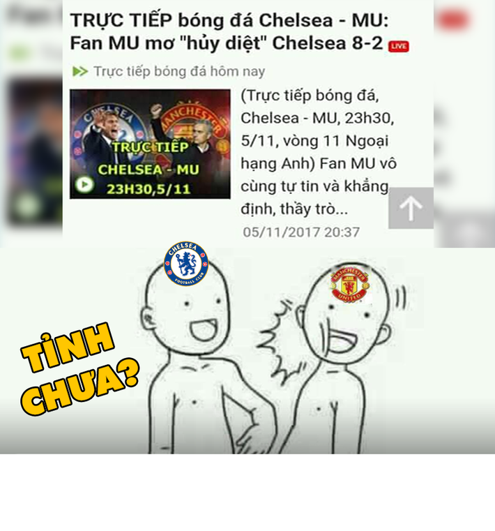 Ảnh chế bóng đá tuần qua xoay quanh trận đại chiến giữa Chelsea và M.U trên SVĐ Stamford Bridge, nơi mà bàn thắng duy nhất của Morata đã khiến fan của M.U phải trở về với mặt đất sau chuỗi trận "ảo tưởng".