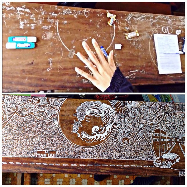 Khi hoàn thành xong tác phẩm, các bạn trong lớp khá thích thú, và cũng may vì cô giáo mình cũng thích vẽ nên cô không trách mắng gì hành động vẽ lên bàn của mình". Văn Tấn cho biết thêm