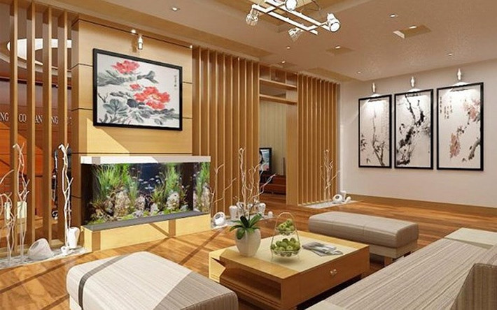 Phòng khách hiện đại với kiến trúc sinh động, ấm áp. Ảnh: Khonggiannhadep24h.