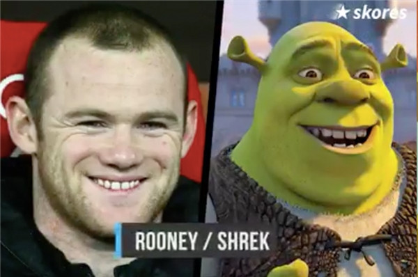 Wayne Rooney vốn nổi danh với biệt danh Shrek vì có những nét tương đồng trên gương mặt, nhất là khi cười.