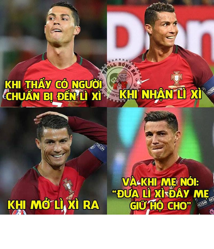 Ảnh chế bóng đá tuần qua của dân mạng Việt vẫn mang dư âm của những ngày Tết Nguyên Đán vừa qua. Các bạn trẻ đã khéo léo lồng ghép những khuôn mặt biểu cảm của Cristiano Ronaldo vào việc nhận lì xì đầu năm mới.