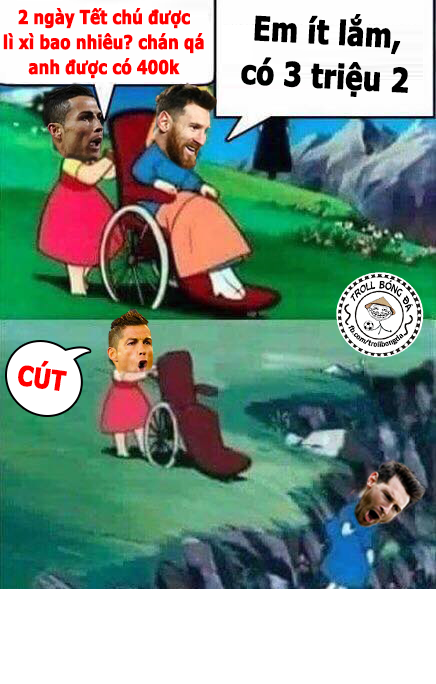Ảnh chế Cristiano Ronaldo phát hờn với tiền lì xì của Messi đã được rất nhiều cư dân mạng truyền tay nhau trong suốt dịp Tết Nguyên Đán.