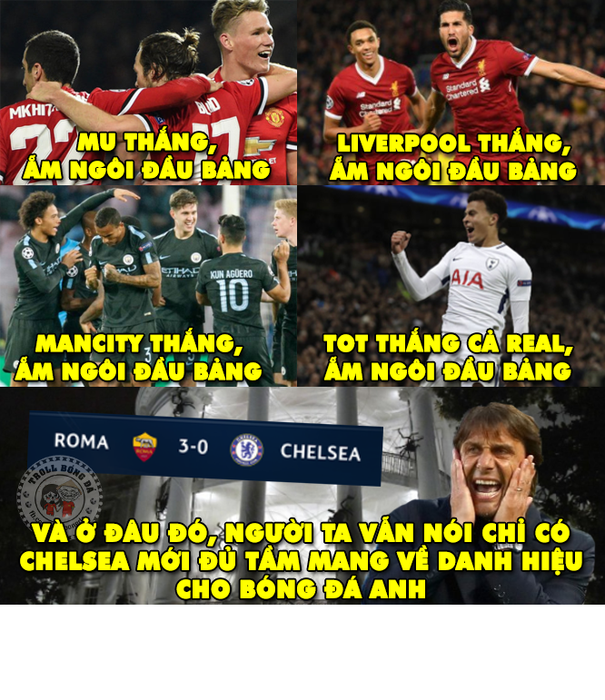 Sau trận thua AS Roma với tỷ số 0-3, Chelsea của Conte đang lâm nguy và bức ảnh chế "Chelsea chỉ đủ sức vô địch Ngoại hạng Anh" được rất nhiều antifan của CLB thành London treo trên trang cá nhân.