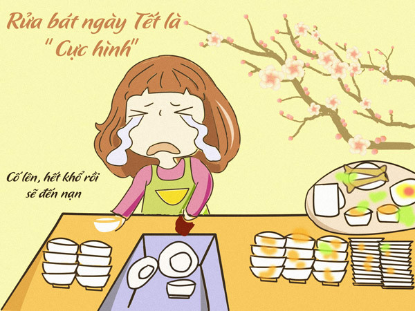 Tết không chỉ có họ hàng mà rất nhiều khách đến nhà dùng cơm và việc rửa bát đúng là cực hình với các nàng.
