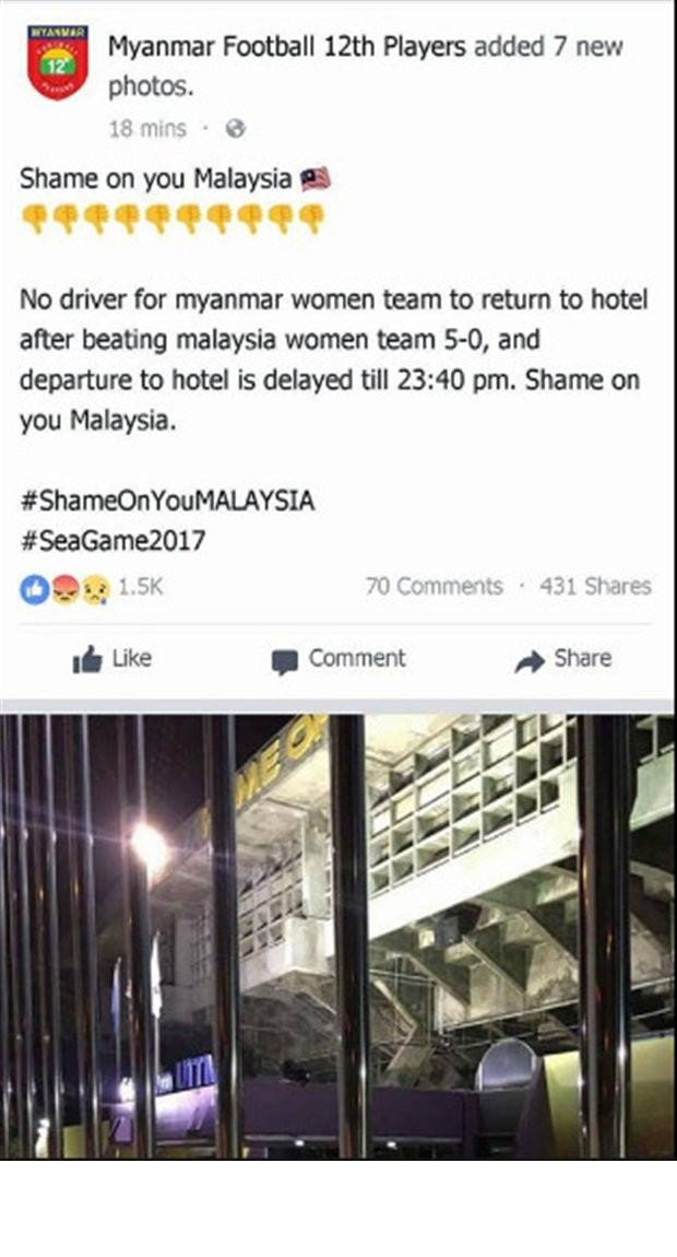 Không chỉ có chơi khó mình ĐT nữ Việt Nam, BTC SEA Games 29 trước đó còn làm khó ĐT nữ Futsal Myanmar khi họ thắng đội chủ nhà với tỷ số 5-0. Cụ thể, người lái xe đưa các VĐV Myanmar về khách sạn và mãi 23h40 mới về tới nơi. Ảnh: Facebook