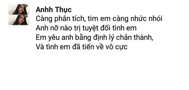 Những vần thơ tình cực kỳ, sướt mướt được lồng ghép với các từ chuyên môn của Toán và Lý giúp cho các bạn trẻ dễ tiếp thu và cảm thấy hứng thú hơn với việc học.