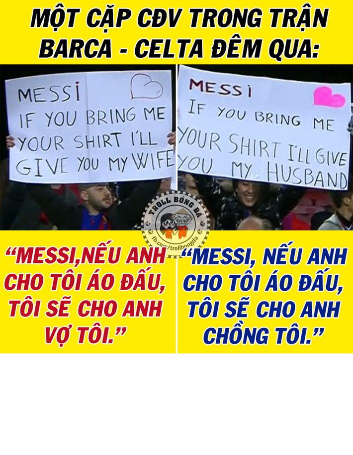 Messi sẽ nghĩ gì với cắp đôi vợ chồng này trong trận đấu gặp Celta Vigo. Ảnh sử dụng trong bài: Troll Bóng Đá.