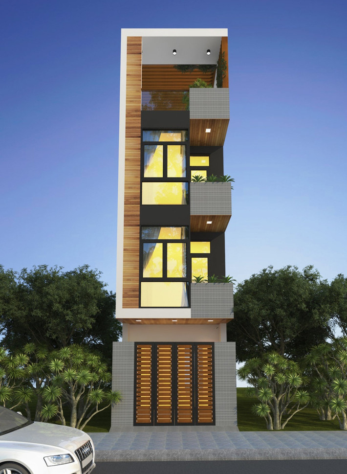 Mẫu nhà ống 3 tầng 50m2 trẻ trung với sự kết hợp của các màu như cam, ngà, trắng, đen. Ảnh: Kientrucmoi.