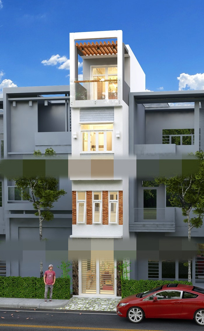 Gạch ốp màu xám ở tầng trệt tạo điểm nhấn tôn lên nét đẹp sang trọng và kiên cố cho mẫu nhà phố 4 tầng mặt tiền hẹp. Ảnh: Xaydungnhadepmoi.