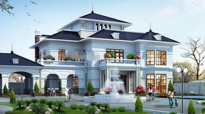 Nhà 3 tầng kiểu Pháp đẹp thanh thoát và sang trọng với sảnh đón rộng và các ô kính lớn. Ảnh: Nhasang.