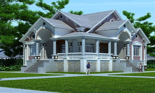 Nhà vườn bán cổ điển đẹp 2018 với mái thái, không gian nhà rộng thoáng mát và tầng hầm để xe hơi riêng. Ảnh: Thietkebietthunhadep.