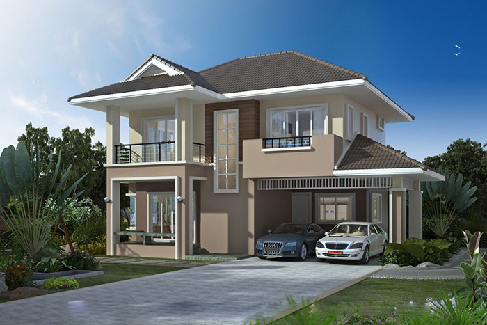 Biệt thự 2 tầng đơn giản sử dụng gam màu trầm với mức chi phí từ 500 - 600 triệu đồng. Ảnh: Thanglongarc.