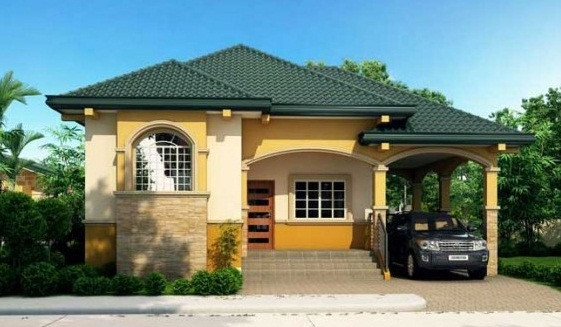 Biệt thự 1 tầng mái thái lợp ngói màu xanh đậm, 2 con lươn mái là phần thò ra của phòng ngủ và phần tiền sảnh cùng với sân sau của nhà. Ảnh: Thietkethicongnhadep.