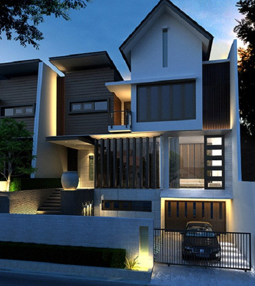 Nhìn từ chính diện, mẫu nhà phố mang đến sự thanh lịch, trầm lắng và nhẹ nhàng. Ảnh: Nhaxinhcenter.