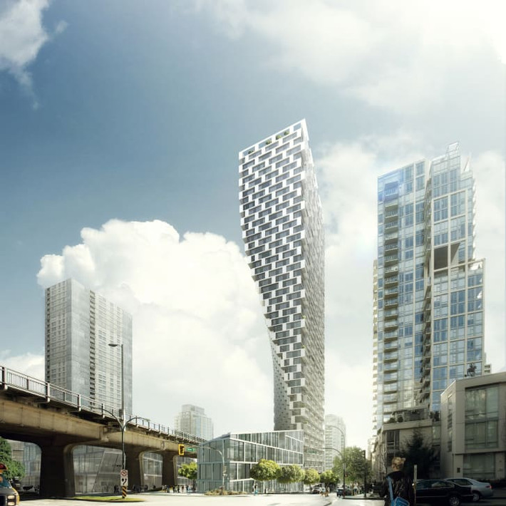 Gây ấn tượng từ phần móng hình tam giác cho tới phần đỉnh hình chữ nhật, Vancouver House (Canada) dường như thách thức mọi quy luật về xây dựng khi nhìn từ xa. Mặt tiền tòa nhà 150m chia thành từng ô tạo ra các ban công lớn cho các căn hộ.
