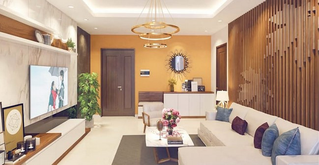 Màu vàng đồng tượng trưng cho tài lộc, may mắn nên được sử dụng nhiều trong ngày Tết. Trong phòng khách, màu vàng đồng mang đến sự sang trọng.