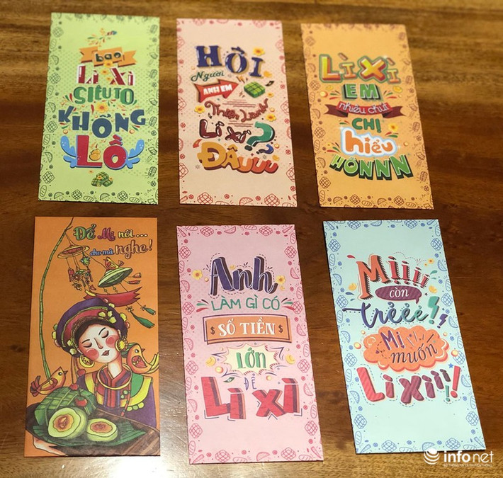 Không chỉ thiết kế lạ mắt, các phong bao lì xì còn có những câu nói từng gây "bão mạng" trong năm qua được biến tấu hài hước như: “Lì xì siêu to siêu khổng lồ”, “Mị còn trẻ, Mị muốn lì xì”, “Để Mị nói cho mà nghe”, “Anh làm gì có số tiền lớn để lì xì”, “Hỡi người anh em thiện lành Lì xì đâu?...Ảnh: Infonet.