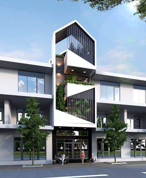 Mẫu nhà 3 tầng hiện đại sử dụng các khối hình vuông – phẳng – thẳng độc đáo. Ảnh: Noihatduongdai.