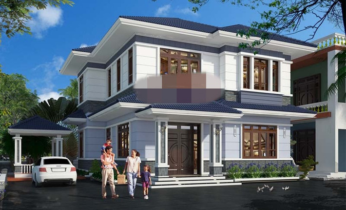 Mẫu nhà vuông 2 tầng sở hữu hệ thống mái thái đồ sộ. Phần mái chính được chia nhỏ thành các hệ mái nhỏ ghép nối với nhau làm cho ngôi nhà có vẻ góc cạnh hơn. Ảnh: Angcovat.