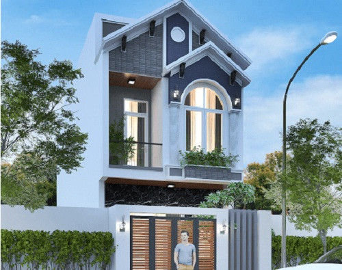 Mẫu nhà phố 2 tầng mái thái mang nét kiến trúc Pháp vừa hiện đại, vừa tinh tế. Ban công mặt tiền có thiết kế tiểu cảnh cây xanh, tạo không gian kiến trúc đẹp và tầm nhìn thân thiện. Ảnh: Thietkenhadepmoi.