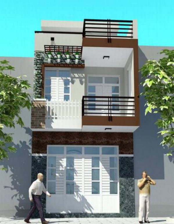 Nhà ống 2 tầng sử dụng tông màu trang trí phía trước ấn tượng. Nhà gồm 4 phòng ngủ hiện đại đều có toilet riêng biệt. Ảnh: Kientrucsuvietnam.