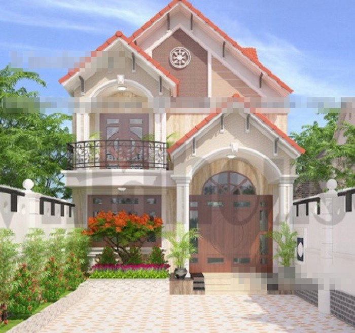 Nhà 2 tầng được thiết kế theo phong cách hiện đại, mái thái khung bê tông sắt thép chịu lực. Phòng khách thiết kế cao thoáng, có gác lửng tiện dụng. Ảnh: Vinahouse.