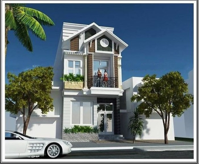 Công trình ấn tượng với mái dốc che mưa tại tầng 2 cùng 4 cột sảnh ban công. Ảnh: Nhadepktv.