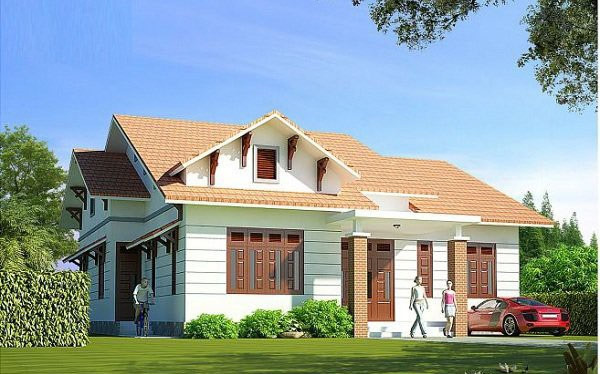 Nhà cấp 4 mái thái chia thành 3 không gian. Từ sảnh chính đi vào thẳng ra sau là không gian phòng thờ và khách. Hai bên cánh gà là thiết kế 3 phòng ngủ và phòng làm việc. Ảnh: Internet.