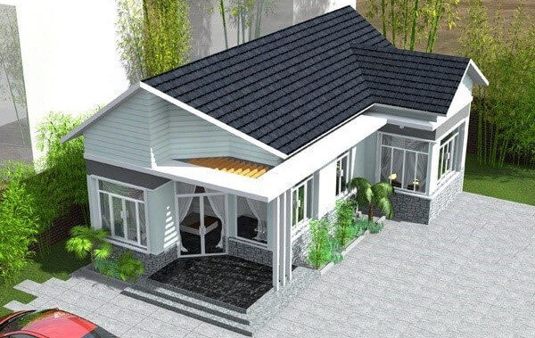 Mẫu nhà cấp 4 hình chữ L thiết kế mặt tiền chính theo kiến trúc mái thái, lợp thêm tôn kiến trúc với 3 chữ A. Ảnh: 9x interior.