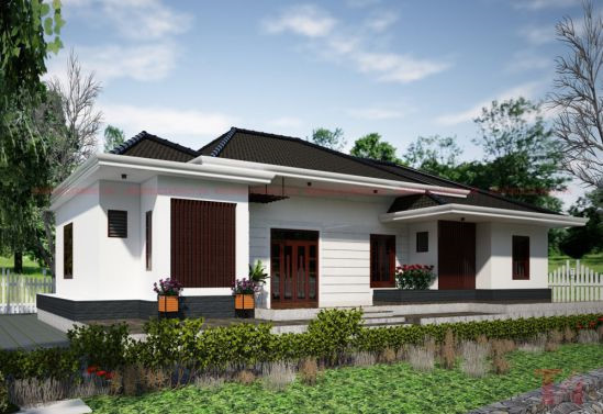 Nhà 1 tầng với kiến trúc 3 gian truyền thống, có cửa gỗ sang trọng. Ao lớn trước nhà giúp không khí thoáng mát. Ảnh: Datbinhduong.