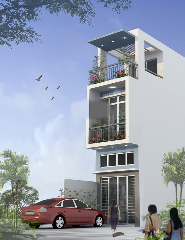 Hình khối mạnh mẽ ngoài mặt tiền nổi bật với gam màu lạnh xanh – trắng. Ảnh: Apdesign.