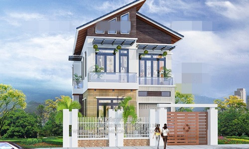 Nhà 2 tầng thiết kế theo phong cách hiện đại kết hợp hệ mái chéo lệch tầng tạo nên một tổng thể không gian ngoại thất đẹp, sang trọng. Ảnh: Katahome.