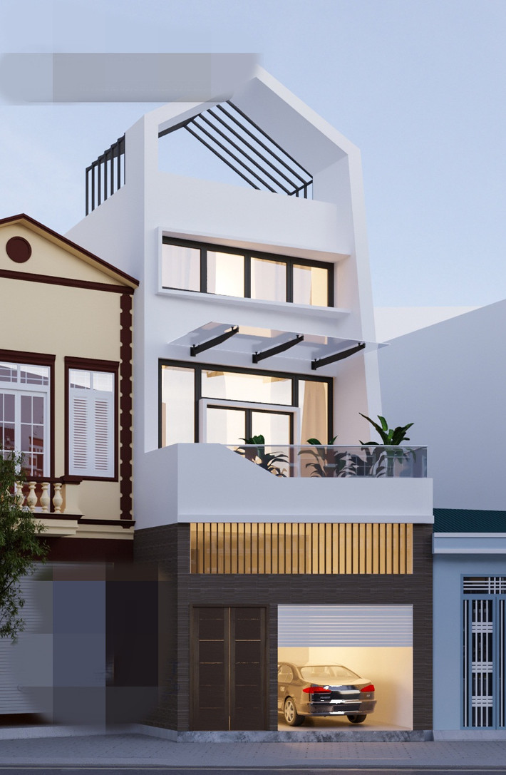 Tầng 1 của ngôi nhà được bố trí sang trọng với đá ốp cao cấp màu nâu. Cửa kính cách âm ở tầng 2, tầng 3 vừa đảm bảo tính thẩm mỹ vừa giúp không gian bên trong thông thoáng hơn. Ảnh: Arcviet.