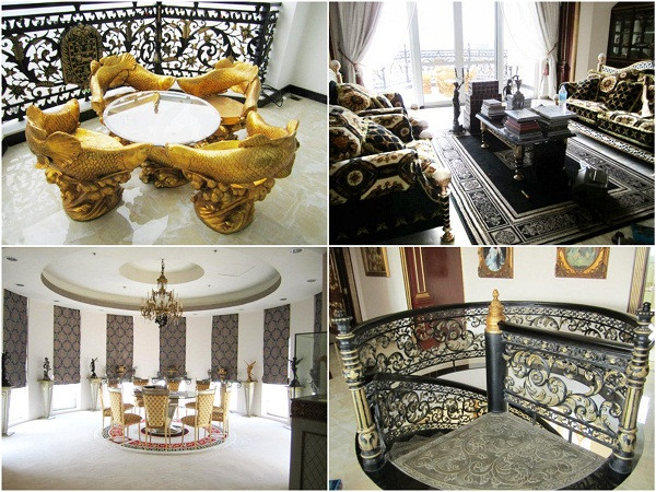 Toàn bộ nội thất, thiết kế bên trong đều cho thấy sự giàu có của gia chủ. Phòng ăn rộng và bài trí sang trọng, với đèn chùm và tượng điêu khắc.