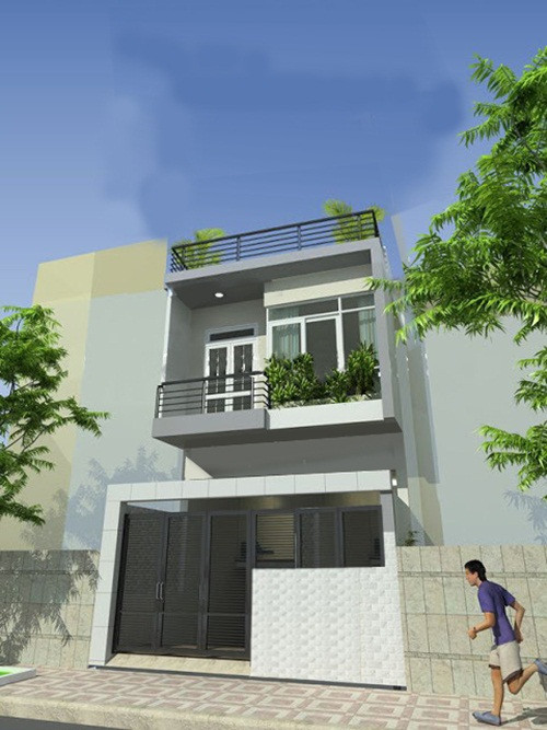Mẫu nhà ống 2 tầng xây trên diện tích 7,6x6,1m, sử dụng tông màu xám nhẹ chủ đạo lan can bố trí ban công tầng 2 và mái. Ảnh: Nhadepsang.