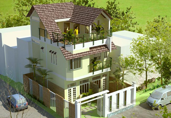 Ngôi nhà 3 tầng mang đậm kiến trúc xanh kết hợp với mái ngói truyền thống được cách điệu hiện đại. Ảnh: Noithatxanh.