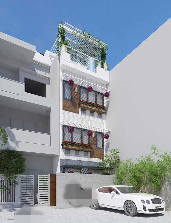 Nhà phố 3 tầng 1 tum đậm chất hiện đại. Mặt tiền sử dụng hình khối đơn giản kết hợp màu sắc hài hòa. Ảnh: Neohouse.