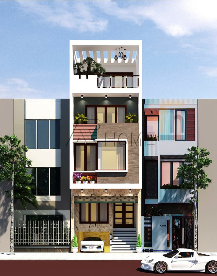 Nhà phố 3 tầng trẻ trung với việc sử dụng các hình khối vuông vắn, nhiều hệ thống cửa kính thoáng mát và tạo nên một không gian mở. Ảnh: Arhome.