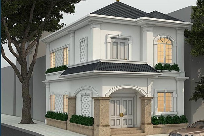 Biệt thự 2 tầng được nhấn nhá với những chi tiết hoa văn độc đáo, kết hợp cùng đường vòm cong, mái hiên che cao thấp ở mỗi tầng. Ảnh: Arcviet.