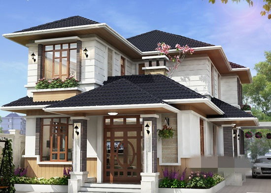 Nhà vườn 2 tầng sở hữu kiến trúc ngoại thất giản dị, màu trắng chủ đạo kết hợp ốp đá giả gỗ. Ảnh: Betaviet.