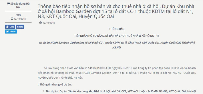 Theo thông báo của Sở Xây dựng Hà Nội, dự án nhà ở xã hội Bamboo Garden (Quốc Oai, Hà Nội) do Công ty cổ phần tập đoàn CEO làm chủ đầu tư phải mở bán lần thứ 15. Ảnh chụp màn hình.